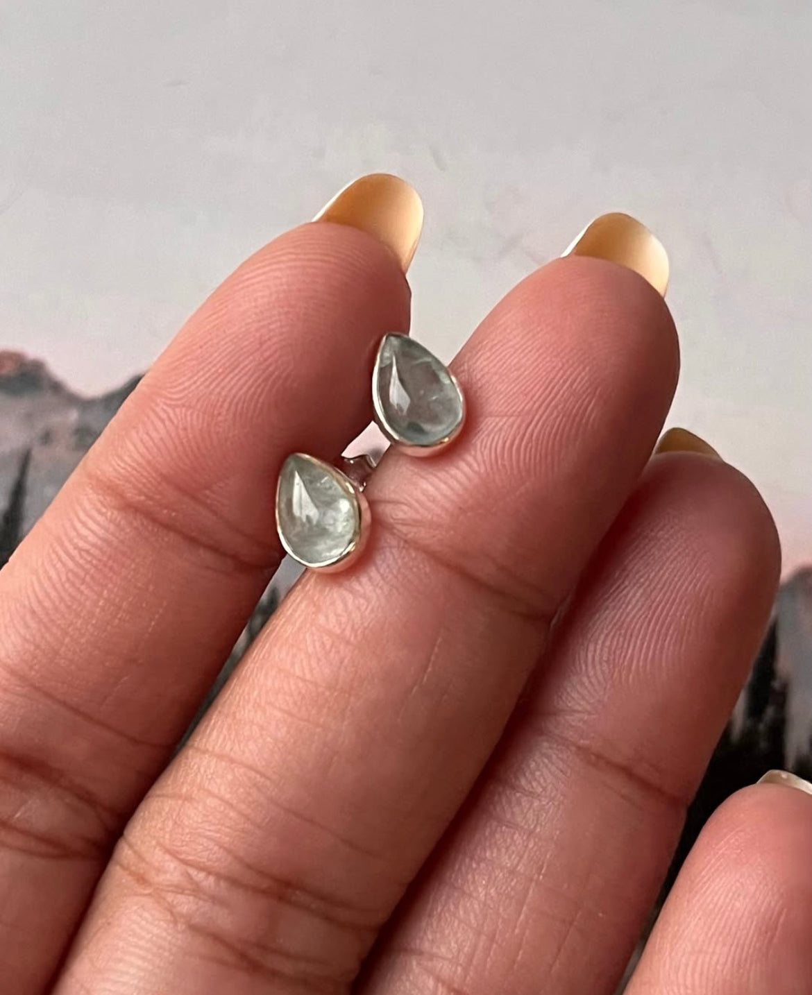 Aquamarine Pear Cab studs 925 Sterling Silver Earrings