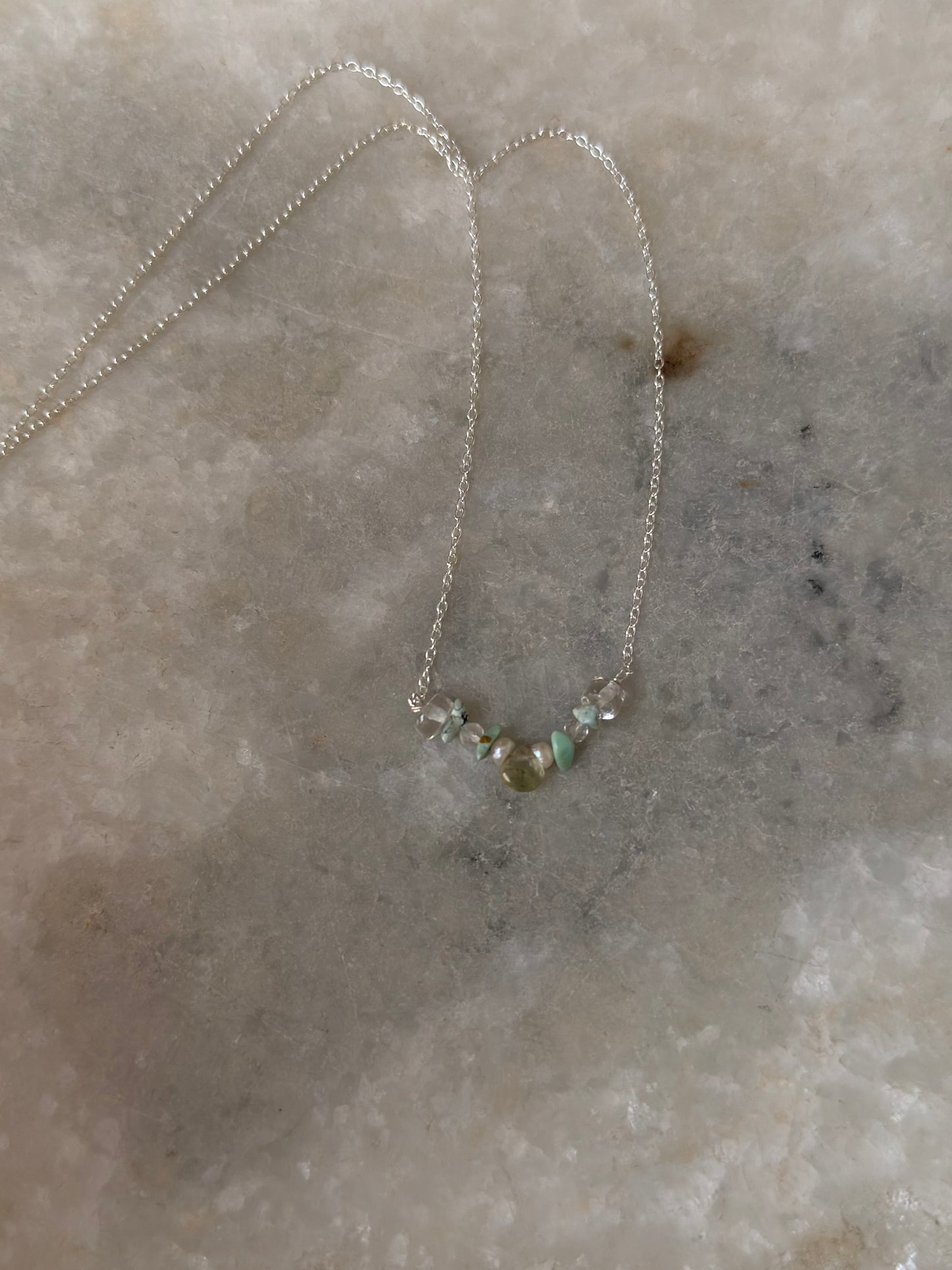 925 Sterling Silver Green Tourmaline Pear, Pearls, Turquoise & Clear Quartz Handcrafted Necklace