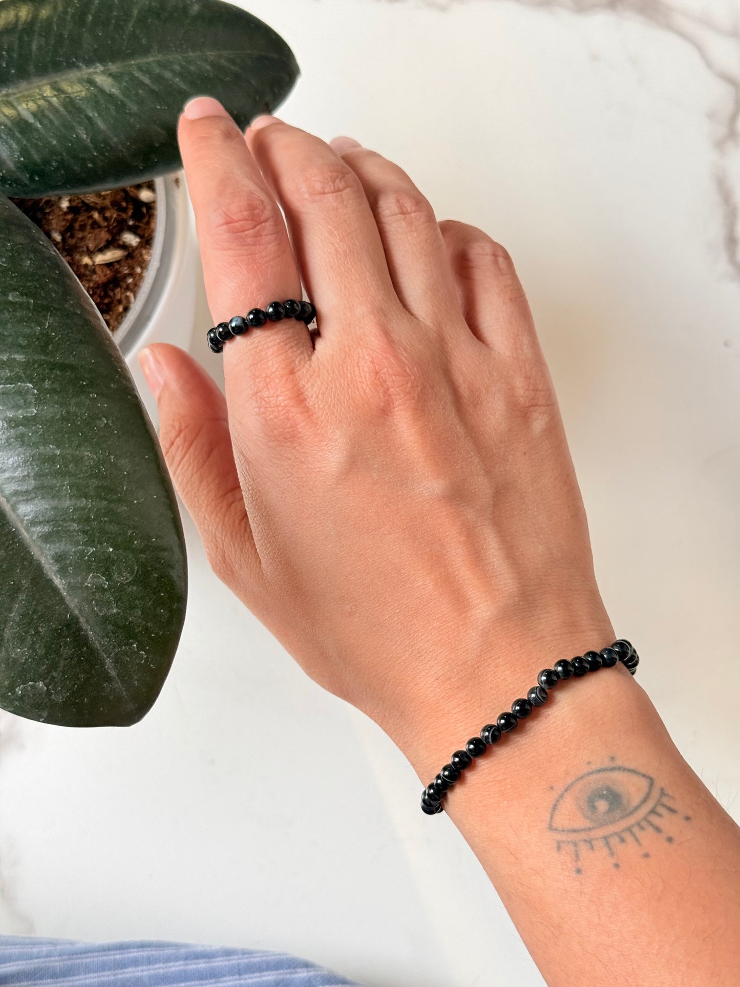 Natural Crystal Sulemani Hakik - Evil Eye 4MM Stretchy Rings & Bracelet