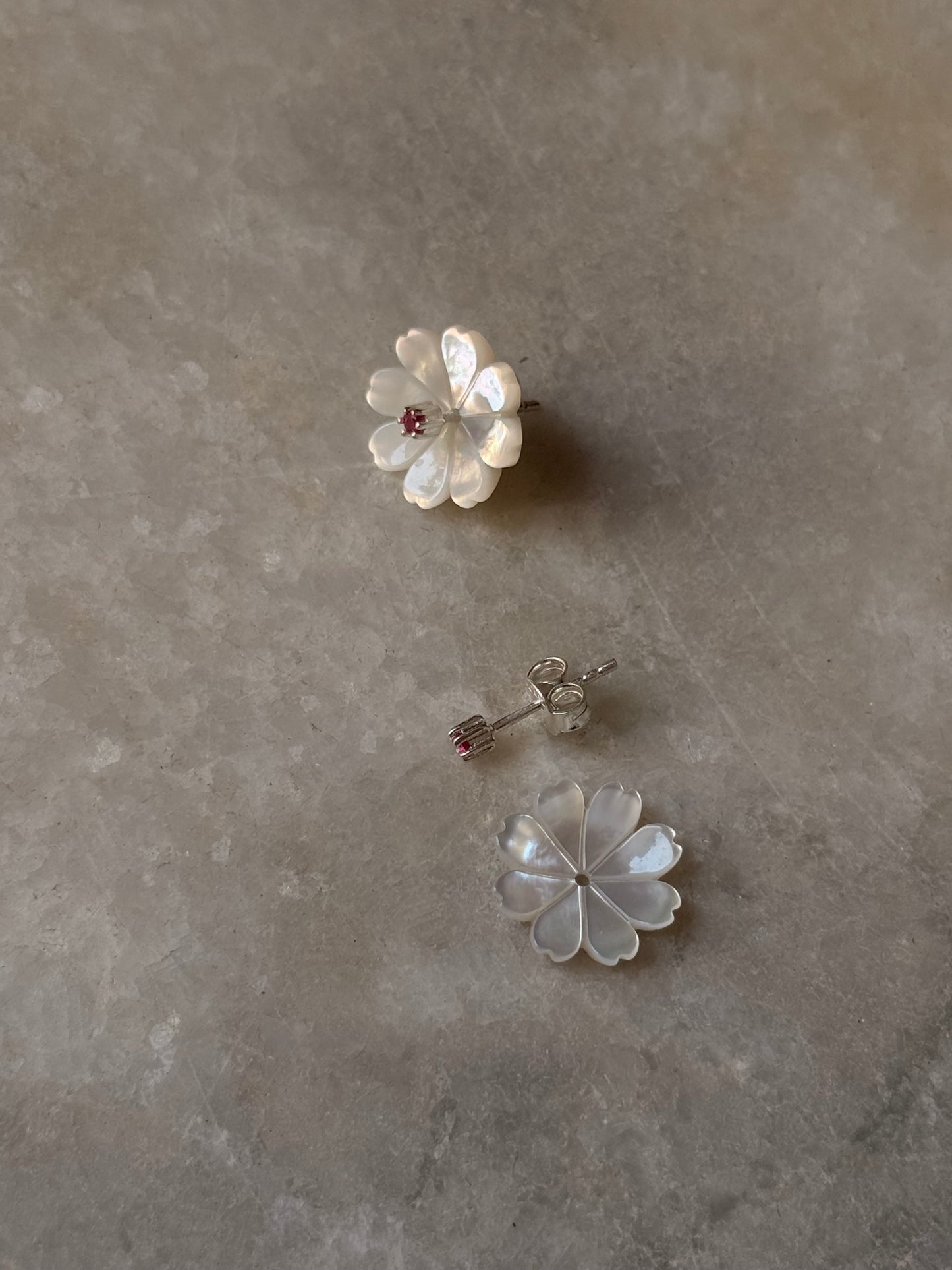925 Sterling Silver Mother of Pearl Flower Carved Lab Grown Ruby Tiny Studs- 2 in 1