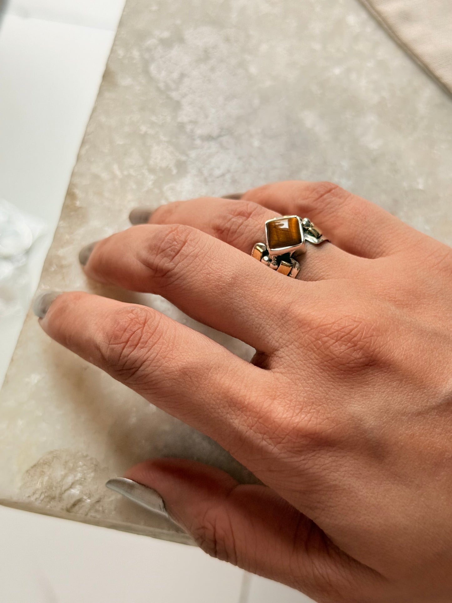 925 Sterling Silver Tiger Eye Rustic Mixed Metal Ring