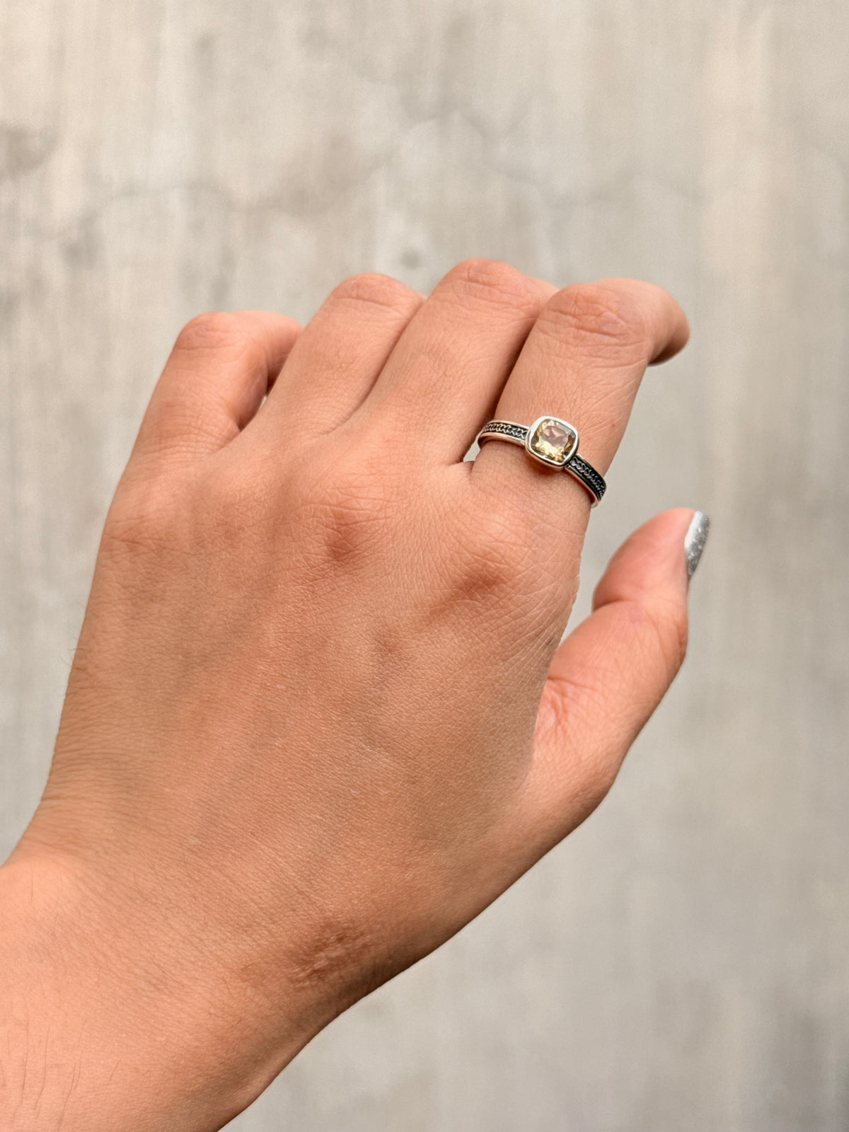 925 Sterling Silver Citrine Square Vintage Band Ring