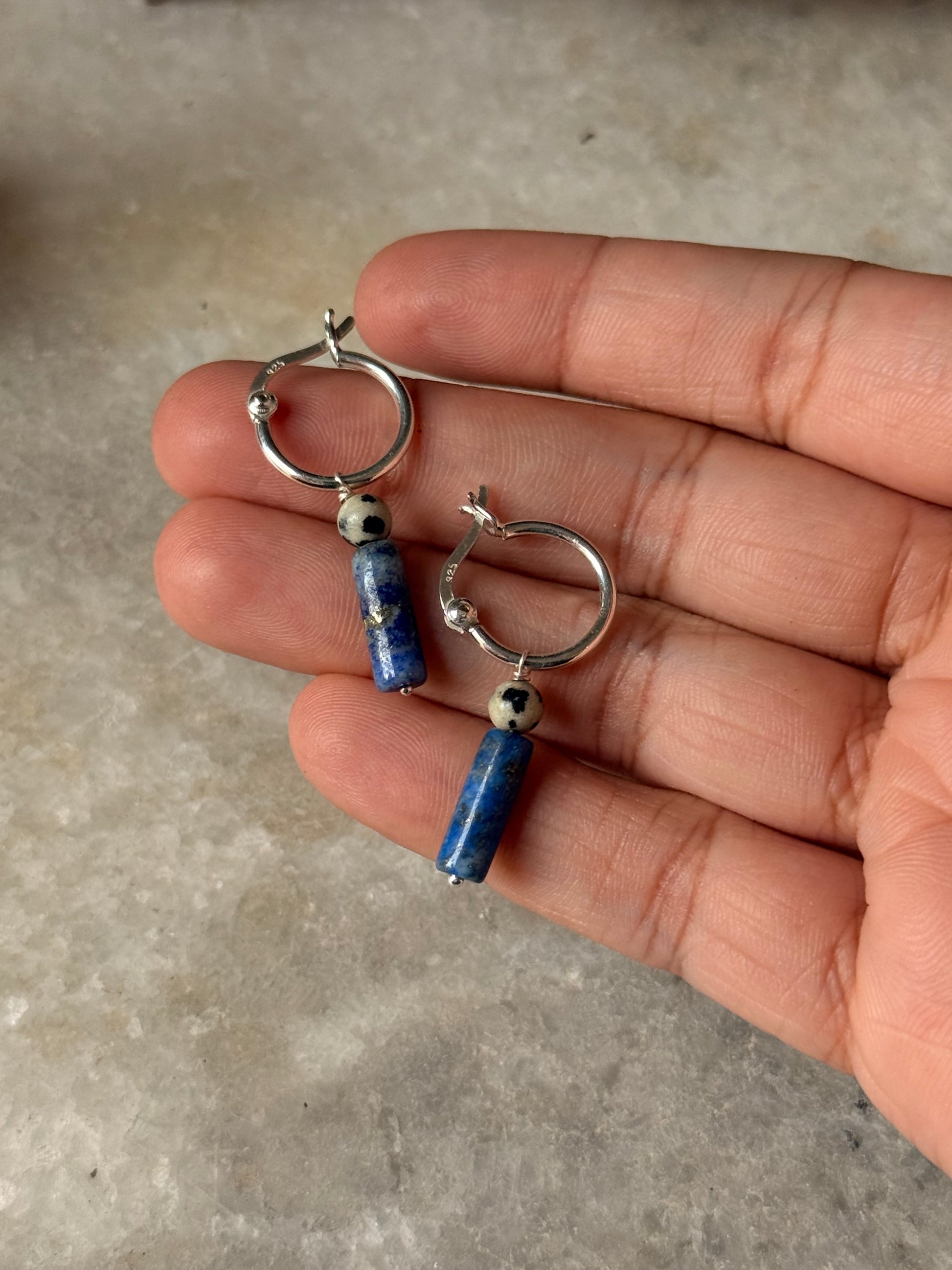 925 Sterling Silver Lapis, Dalmation Jasper Italian Hoops