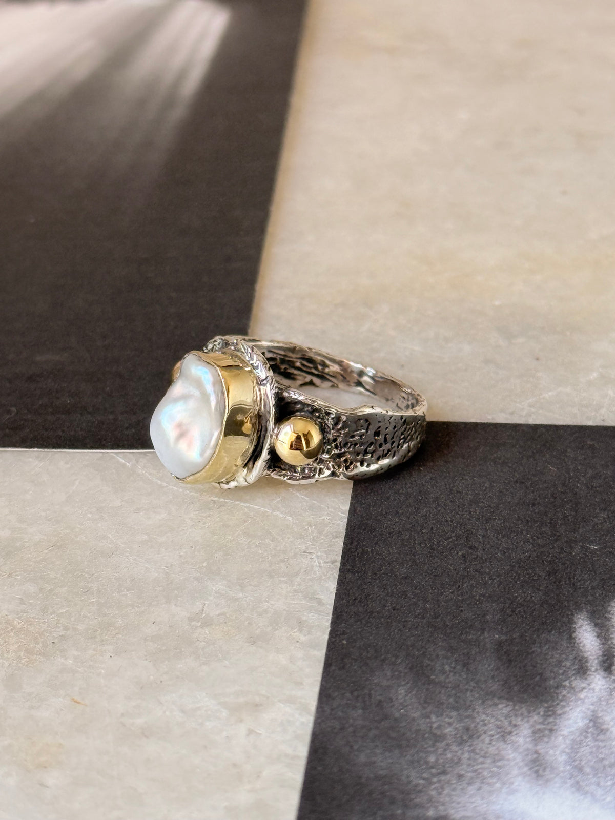 925 Sterling Silver Baroque Pearl Rustic Fusion Handcrafted Ring