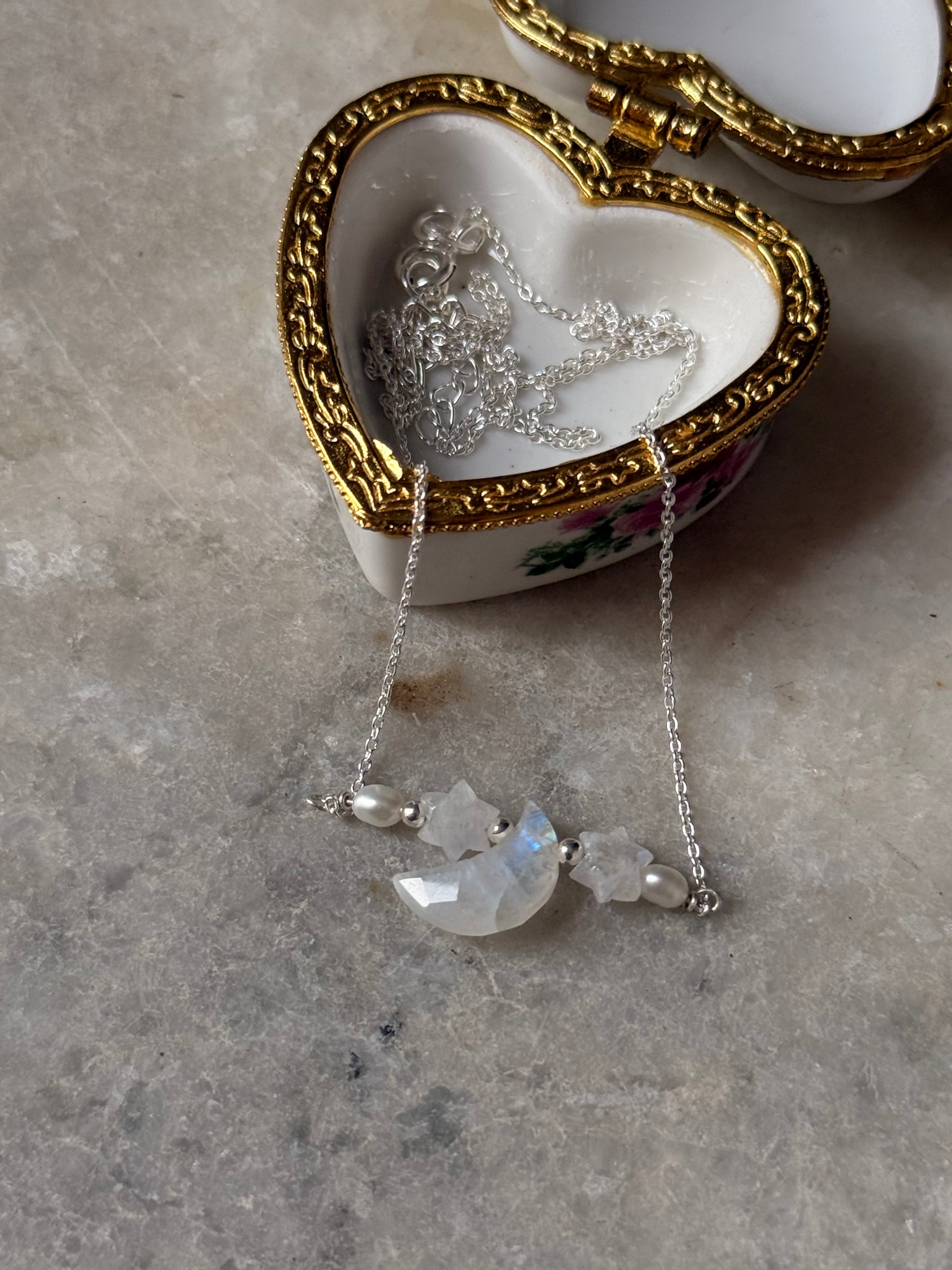 925 Sterling Silver Moonstone Moon, Stars, Pearls Necklace