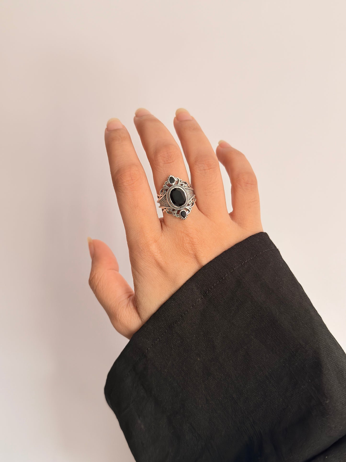 925 Sterling Silver Black Onyx Victorian Style Statement Ring