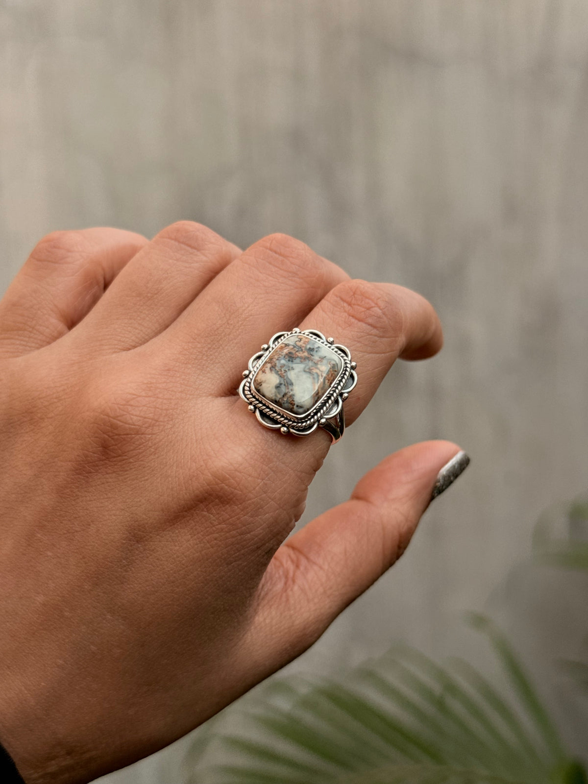 925 Sterling Silver Agate Rectangle Boho Ring