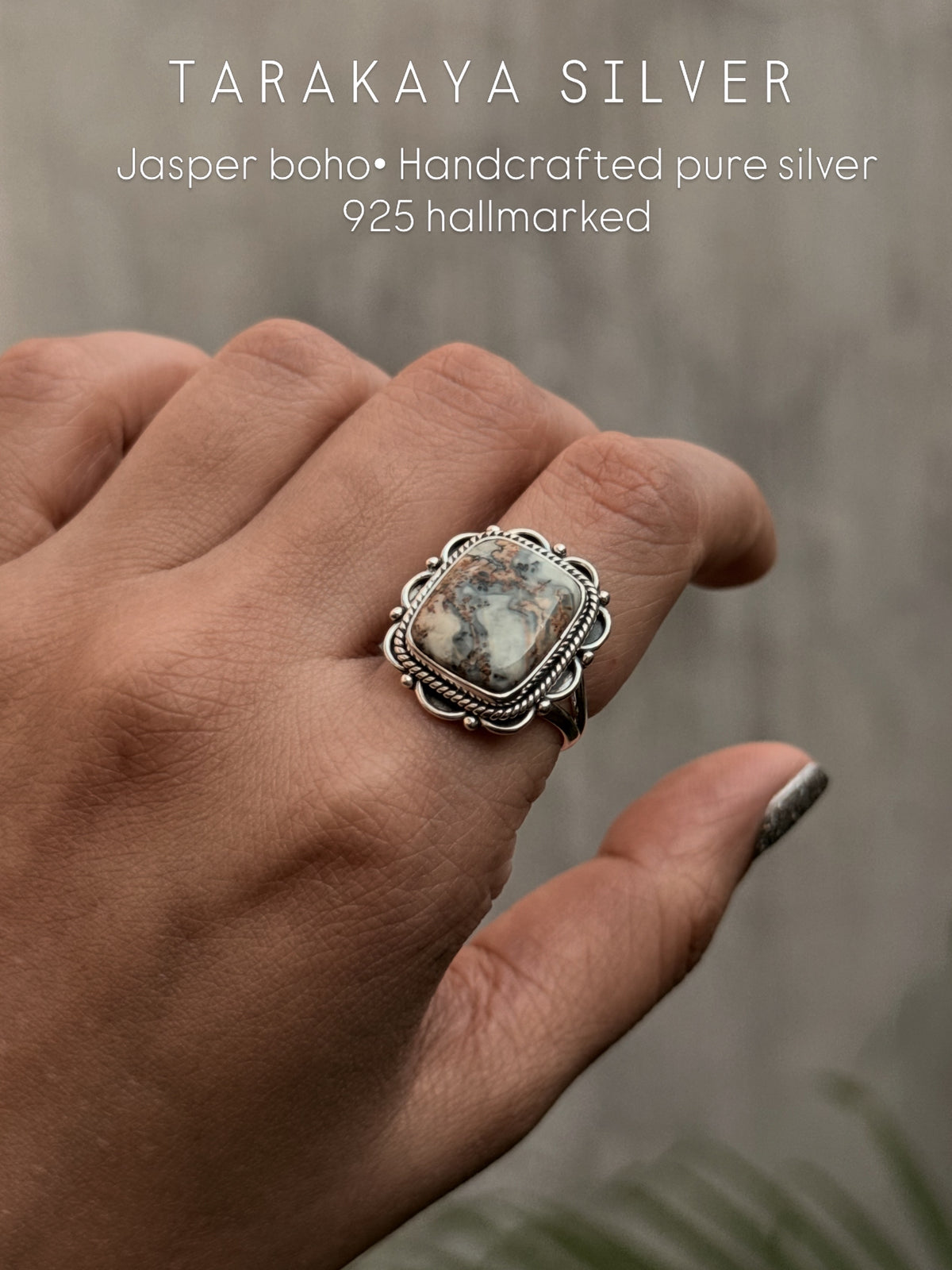 925 Sterling Silver Agate Rectangle Boho Ring