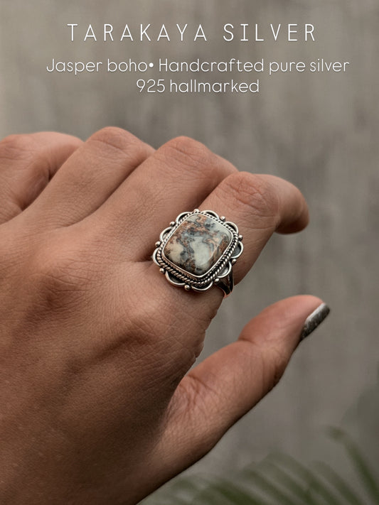 925 Sterling Silver Agate Rectangle Boho Ring