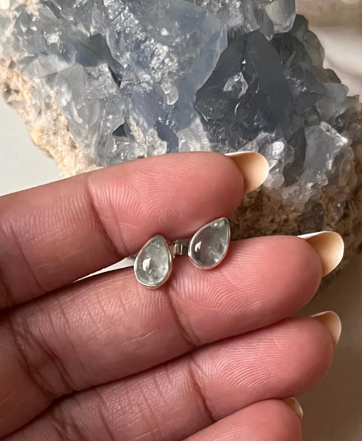 Aquamarine Pear Cab studs 925 Sterling Silver Earrings