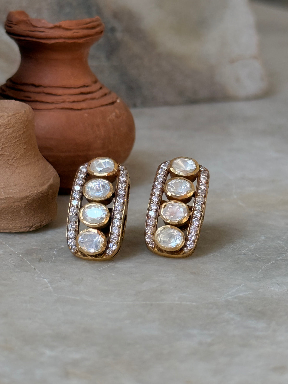 925 Sterling Silver Gold Plated Moissanite Polki Studs Earrings