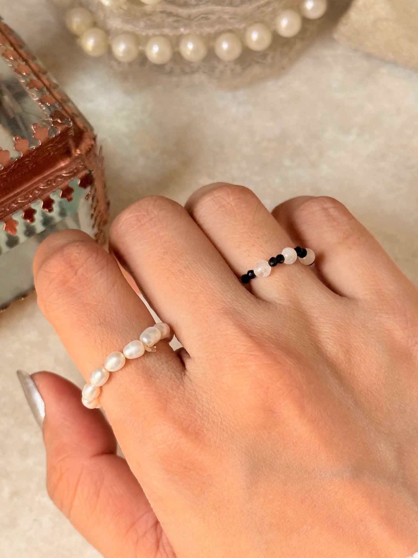 Natural Crystal Stretchy Fresh Water Pearl & Black Spinel Moonstone Rings