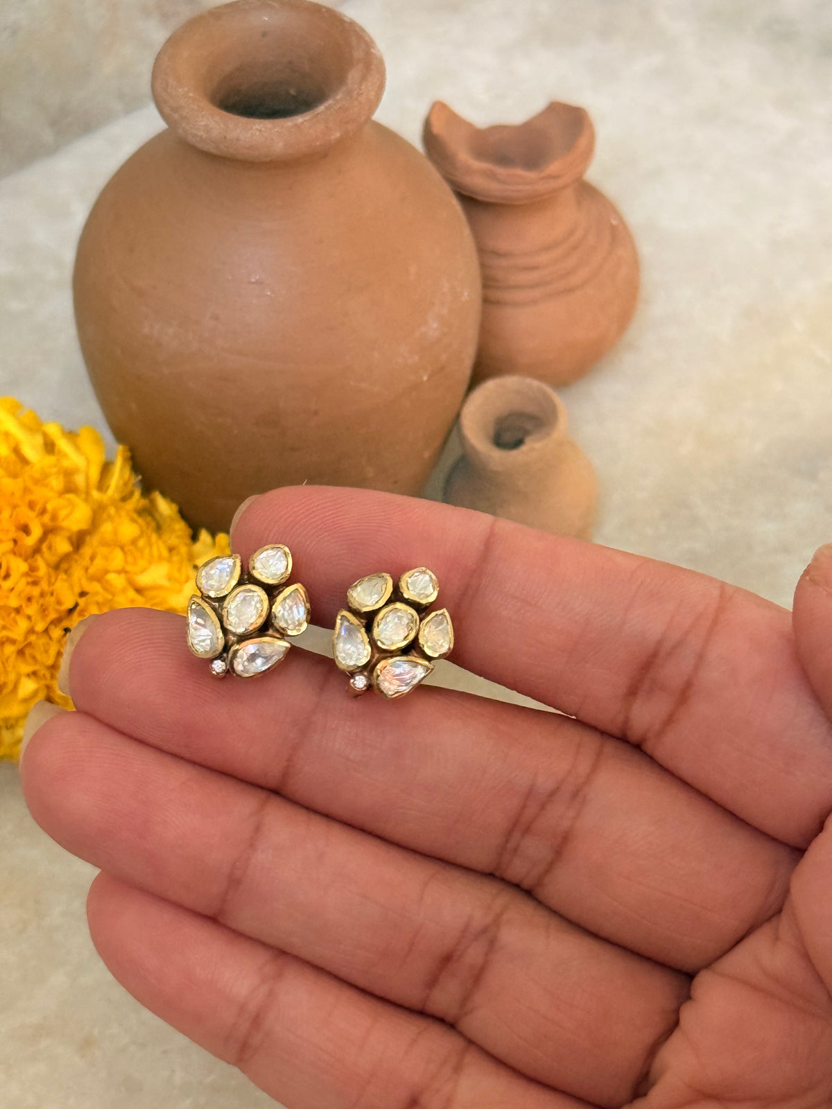 925 Sterling Silver Gold Plated Moissanite Polki studs Earrings