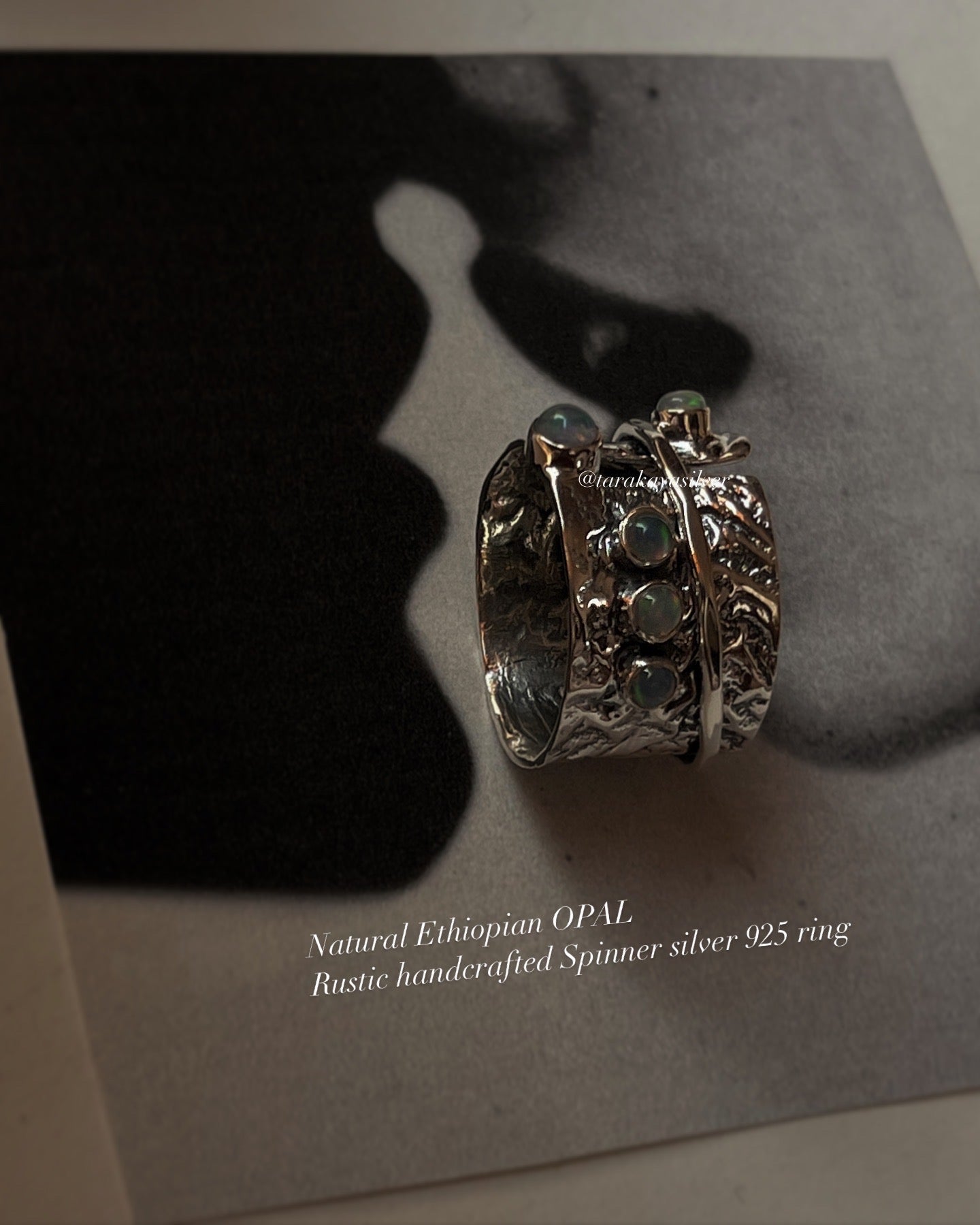  925 silver handcrafted spinner ring with Ethiopian opal and textured wrap  