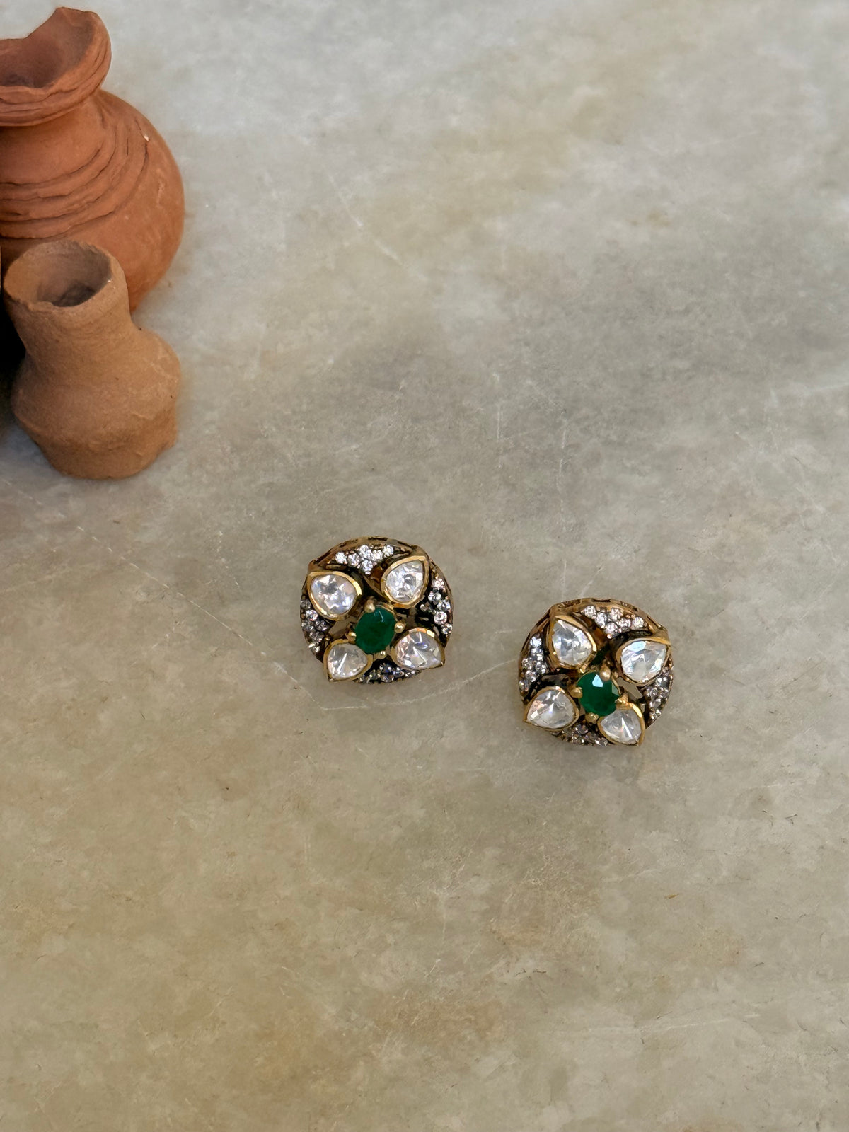 925 Sterling Silver Gold Plated Moissanite Polki Green Onyx Studs Earrings