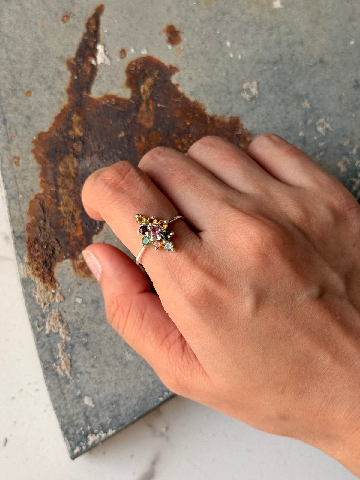 925 Sterling Silver Natural Multi Tourmaline North Star Ring