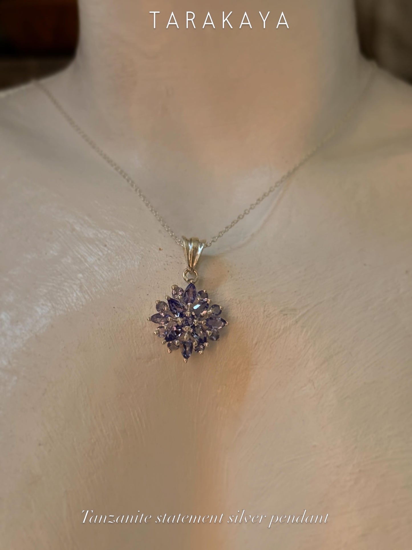 925 Sterling Silver Tanzanite big Flower Statement Pendant