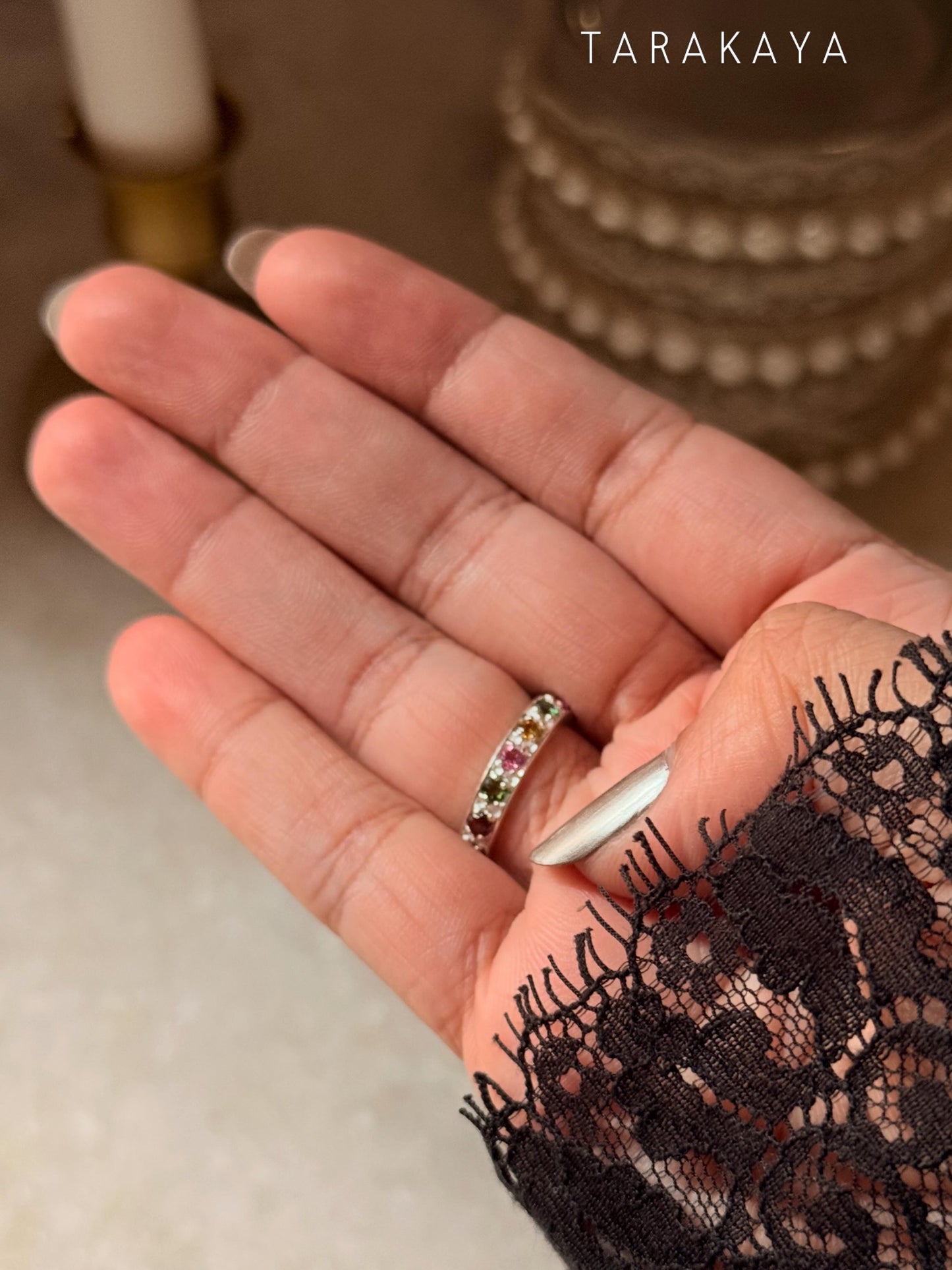 925 Sterling Silver Natural Multi Tourmaline Faceted Eternity White Band Ring