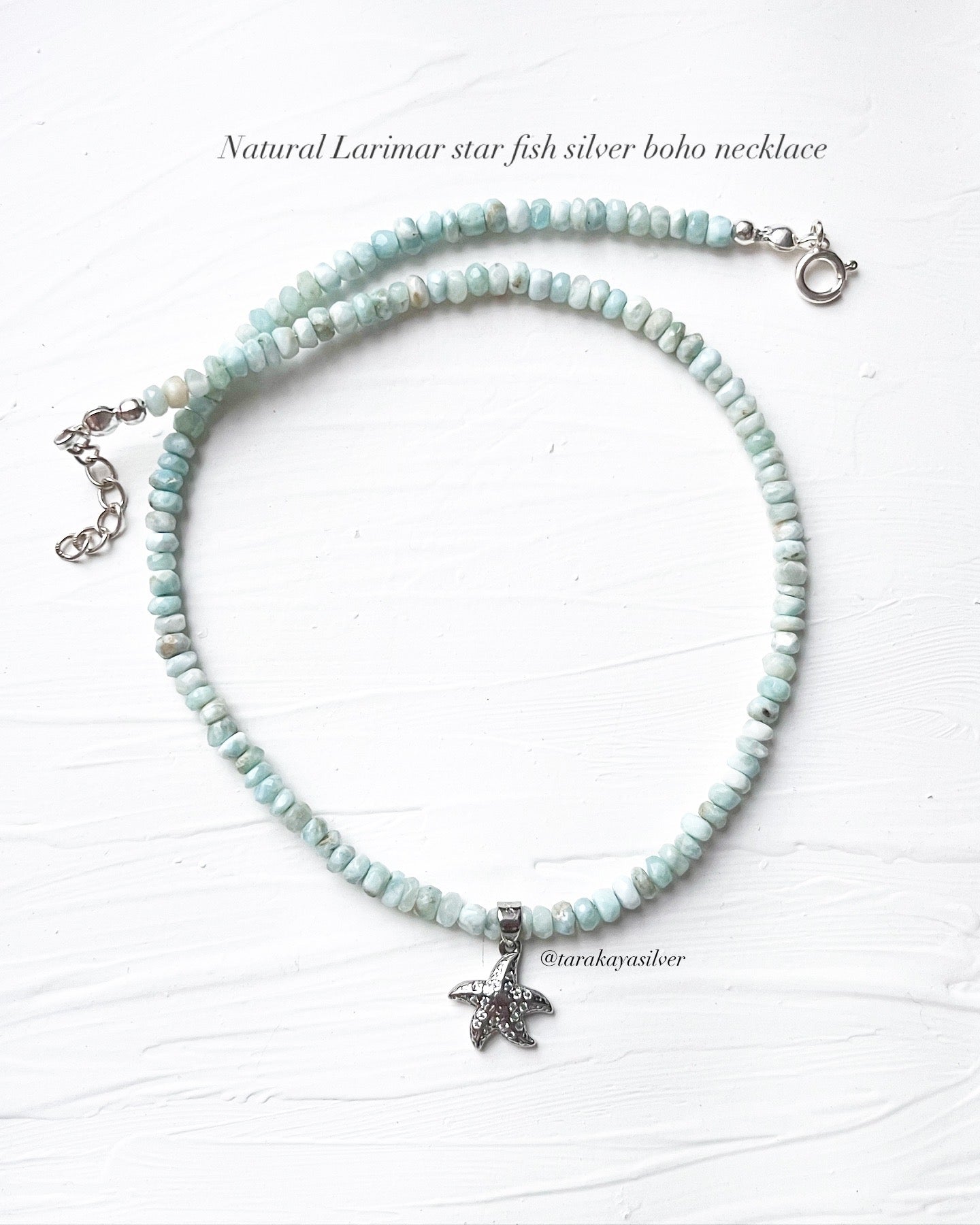 Natural Larimar Crystal 4-5MM Star Fish 925 Sterling Silver Necklace