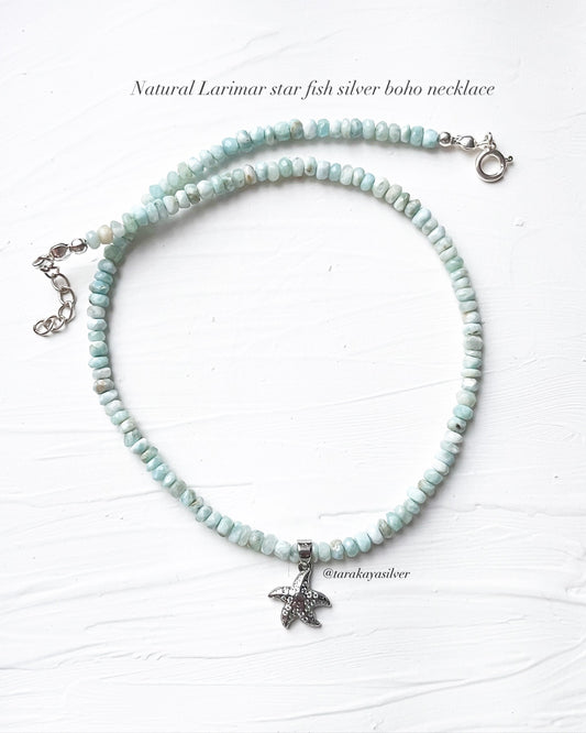 Natural Larimar Crystal 4-5MM Star Fish 925 Sterling Silver Necklace