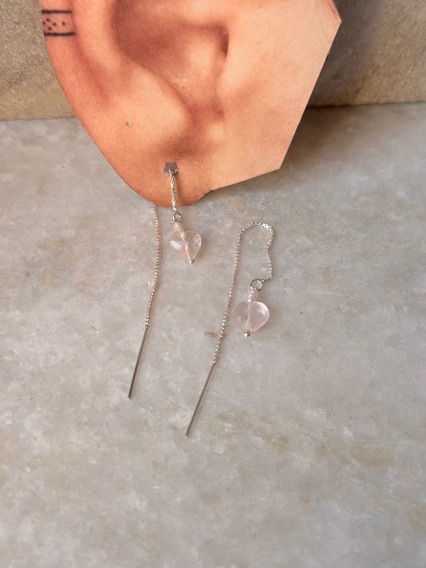 925 Sterling Silver Rose Quartz Heart & Pearl Sui Dhaga Earrings