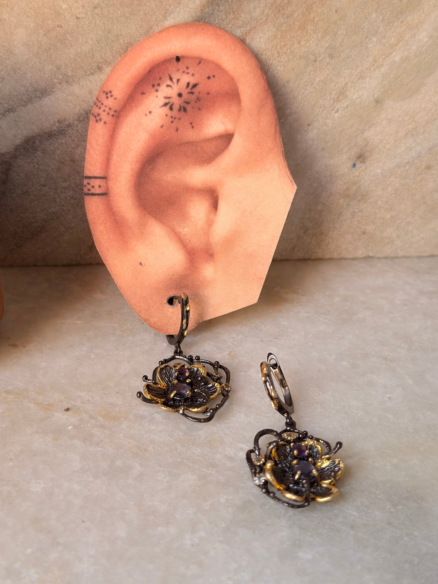 925 Sterling Silver Amethyst, Tanzanite & Topaz Black Rhodium Gold Plating Earrings