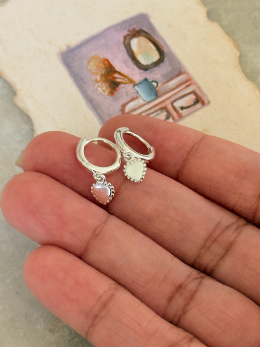 925 Sterling Silver Second Piercing/ Helix Piercing Heart Lace Charm Hoops Earrings