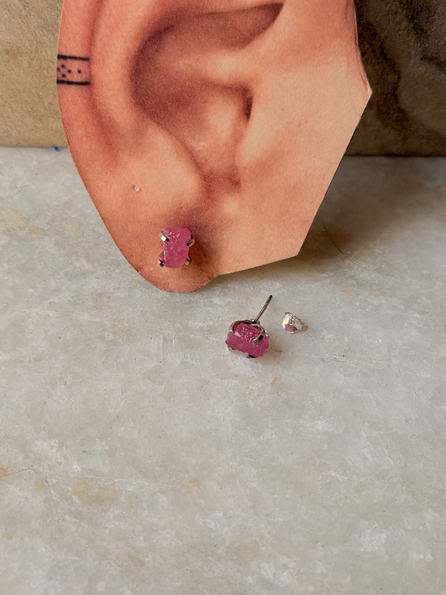 925 Sterling Silver Dyed Ruby Raw Uncut Prong Setting Studs Earrings