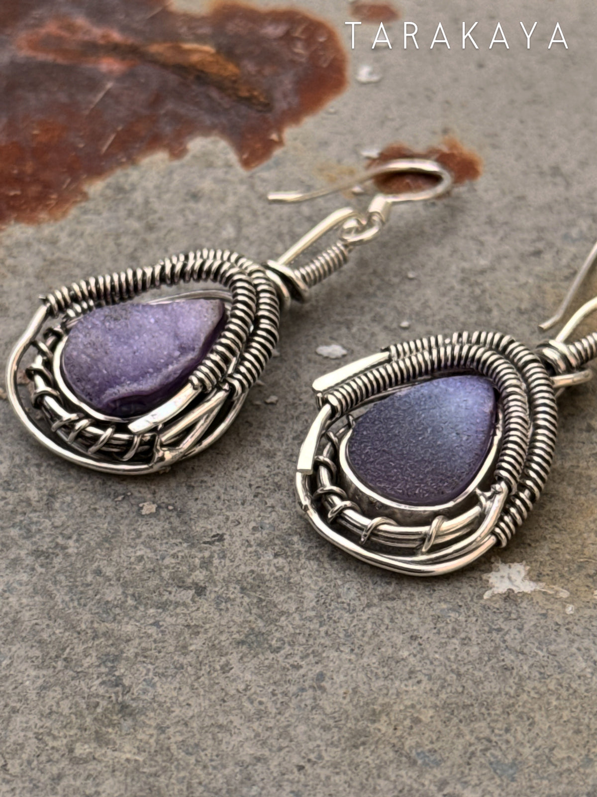 925 Sterling Silver Purple Geode Shiney Wire Wrap Gothic Hook Earrings