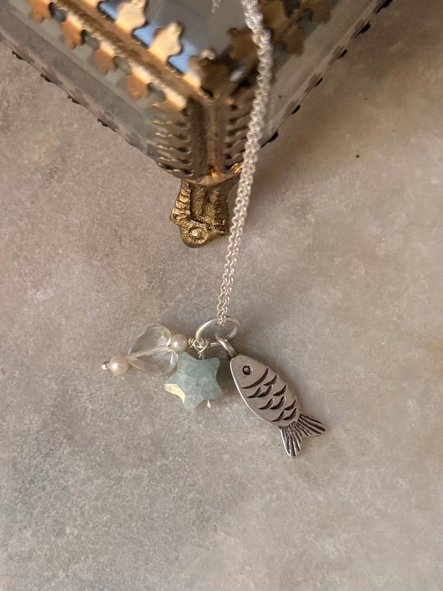 925 Sterling Silver Fish, Grey Moonstone Heart , Fresh Water Pearls and Aquamarine Star Necklace
