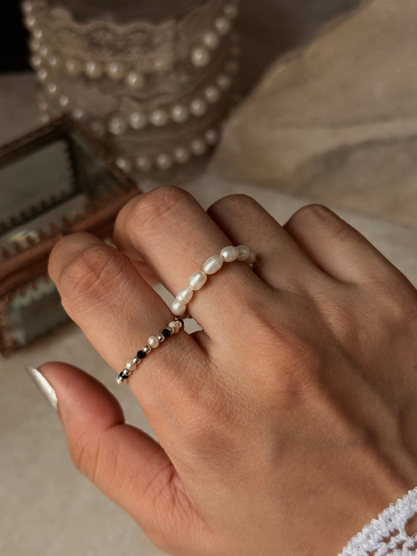 Natural Crystal Stretchy Shiny Basra Pearl & Black Spinel Silver Ball Rings