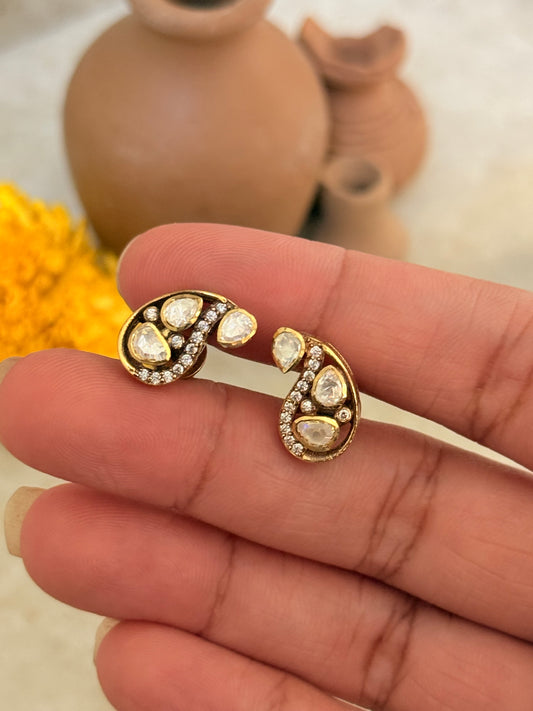 925 Sterling Silver Gold Plated Moissanite Polki Paisley Studs Earrings