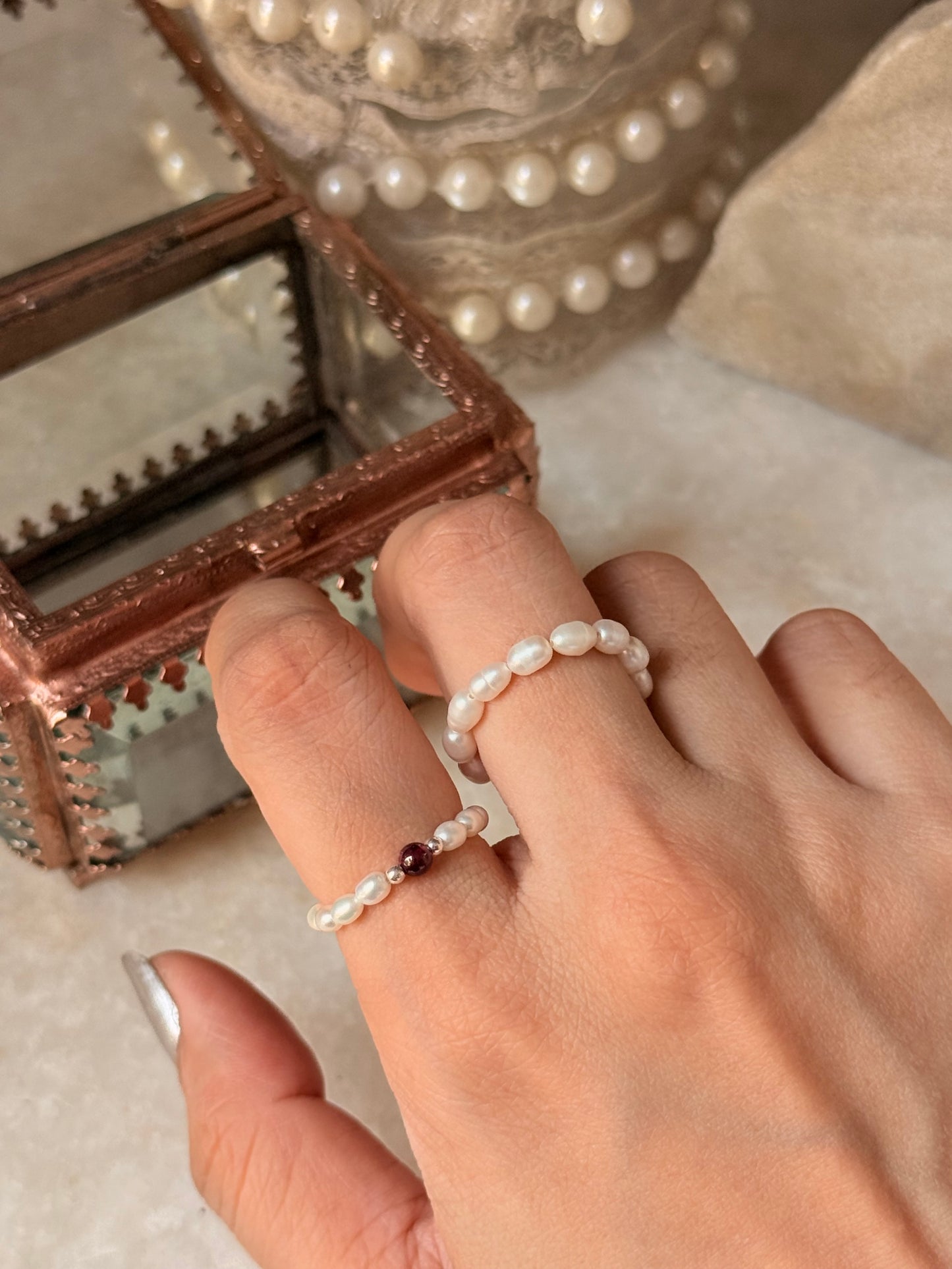 Natural Crystal Stretchy Fresh Water Pearl & Garnet Silver Ball Rings