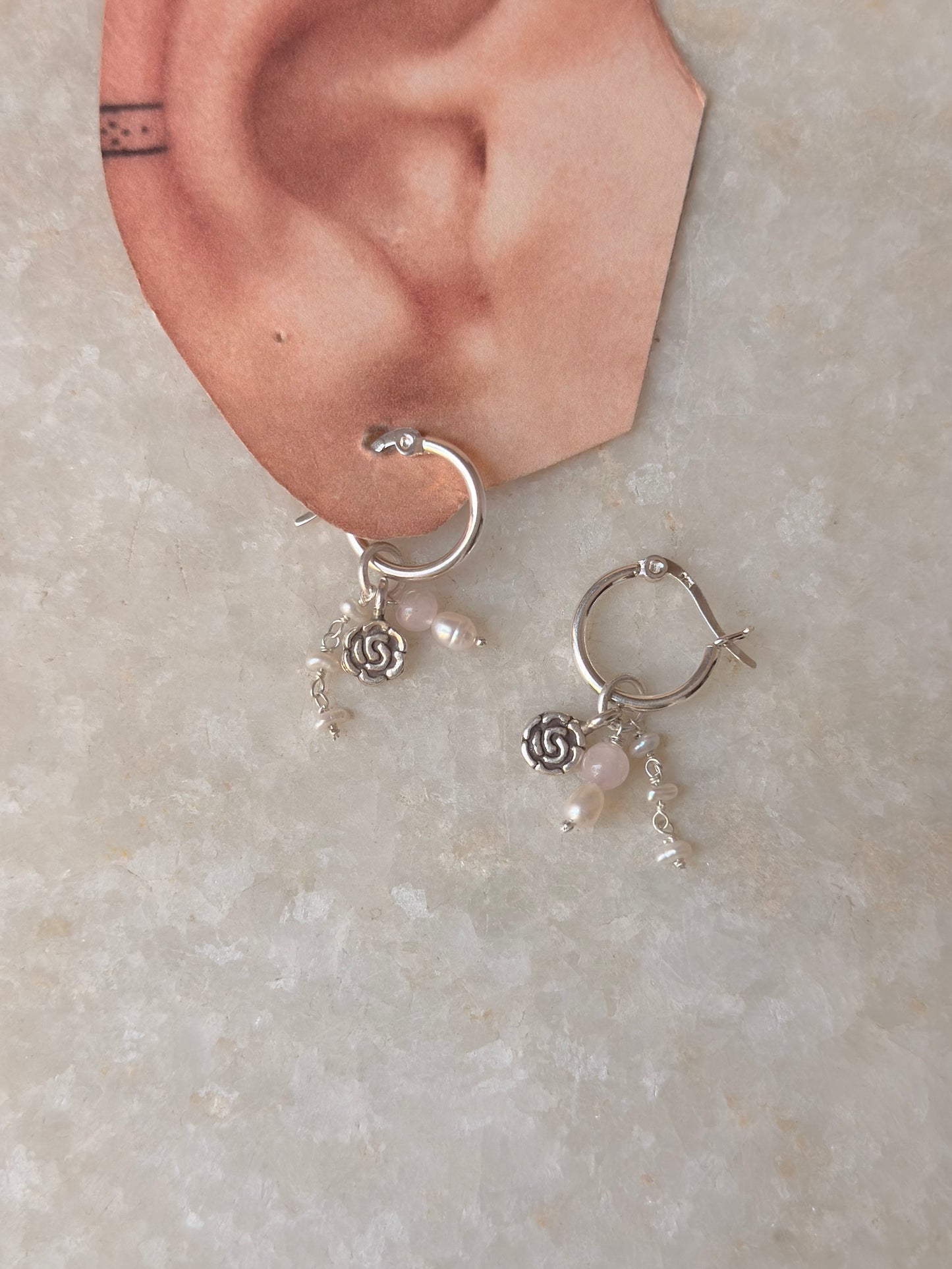 925 Sterling Silver Rose Quartz, Rose Beads & Pearl Italian Hoops