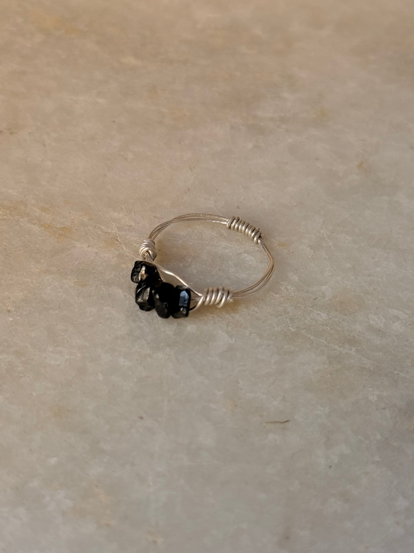 925 Sterling Silver Black Tourmaline Chips Wire Wrapped Handcrafted Ring