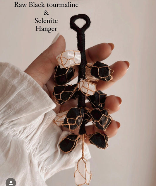 Black Tourmaline & Selenite Raw Hanger for Protection