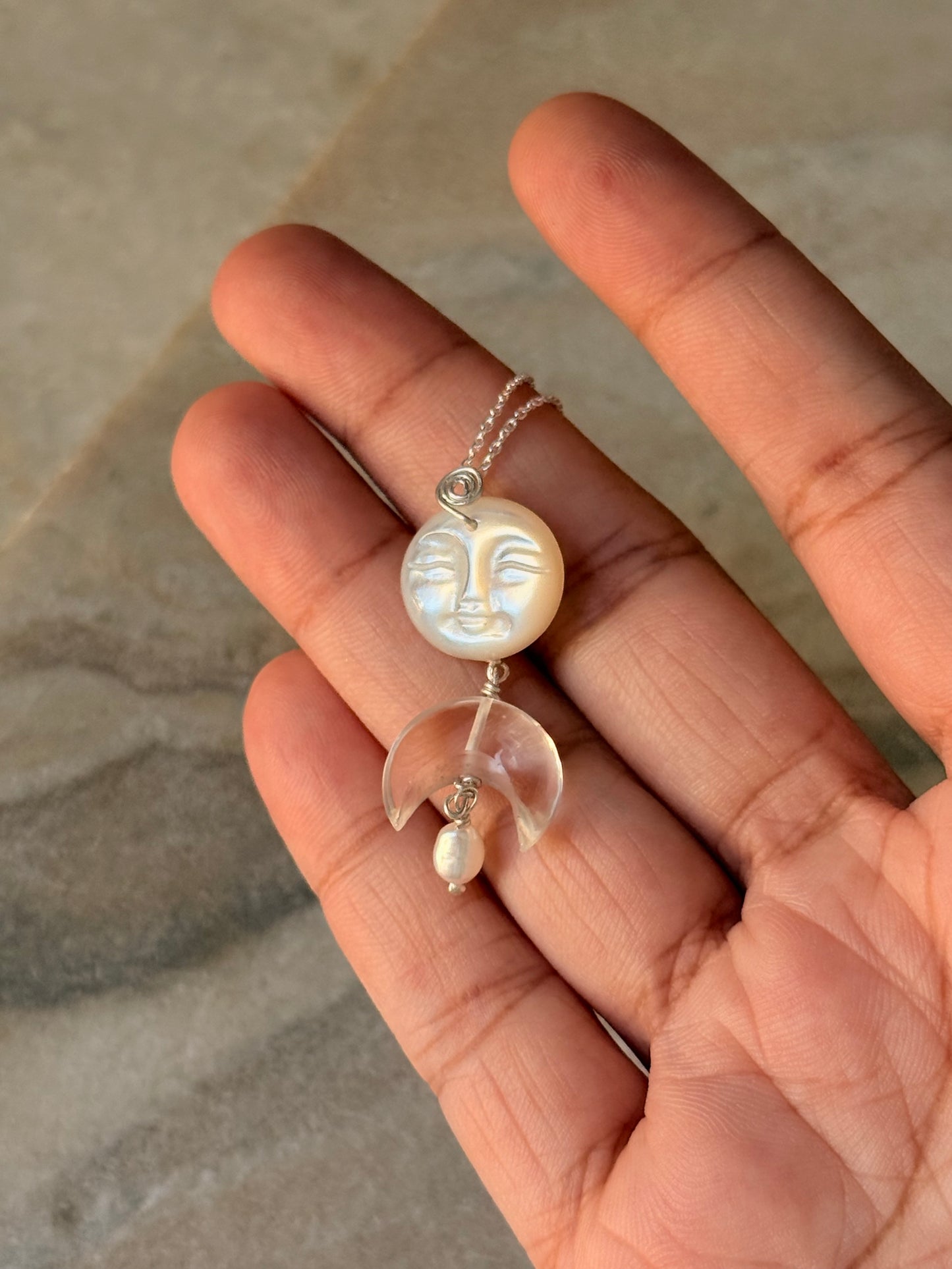 925 Sterling Silver Mother of Pearl Full Moon Face Spiral Carved, Clear Quartz Moon Handcrafted Necklace