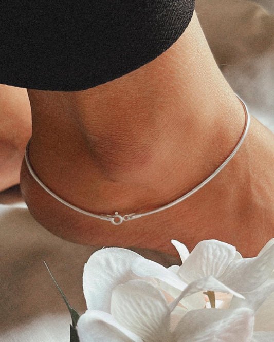 Classic snake chain pure silver anklet with smooth, sleek design