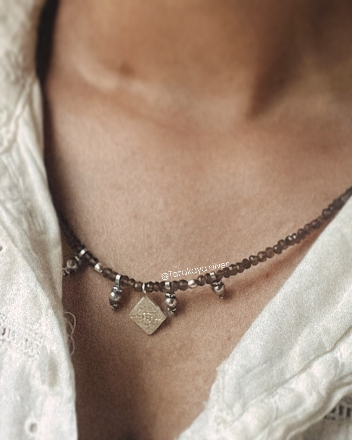 Smokey Quartz 3MM-4MM Faceted Tribal Handcrafted 925 Sterling Silver Boho Necklace