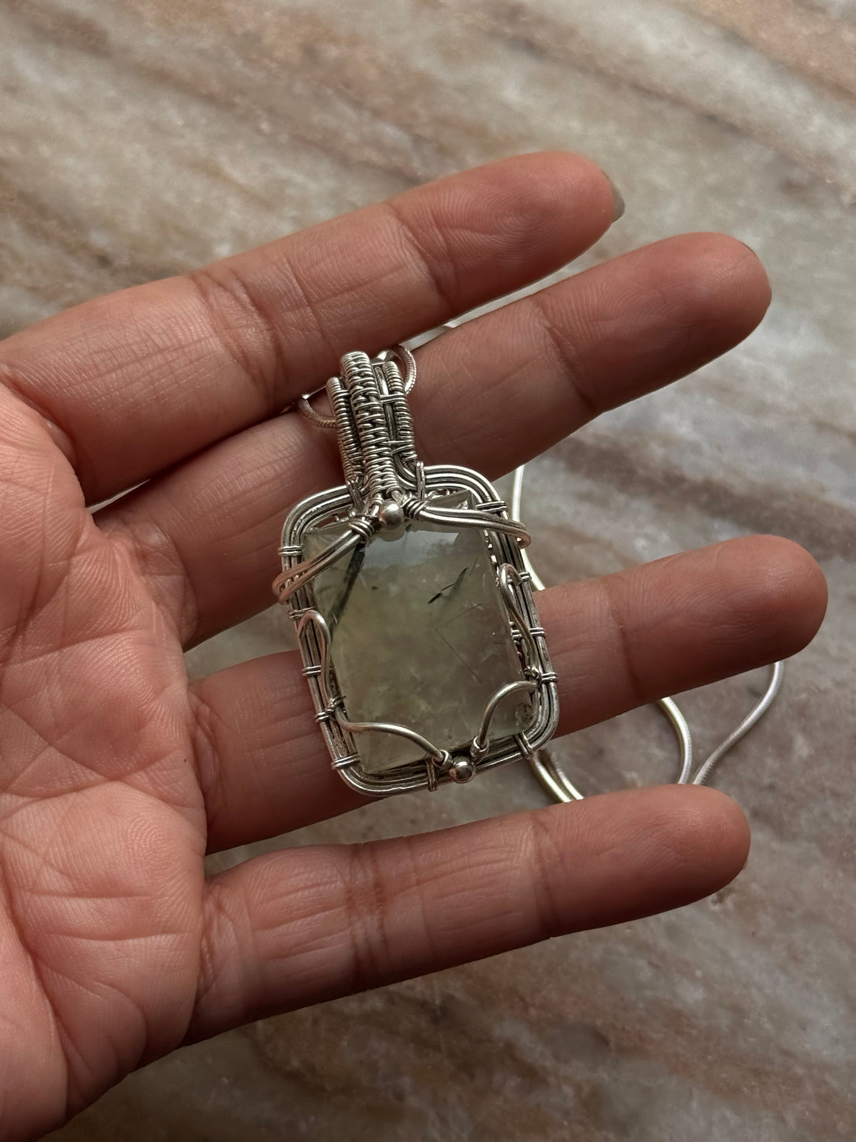 925 Sterling Silver Pherenite  Rectangle Wire Wrapped Handcrafted One of a Kind Pendant