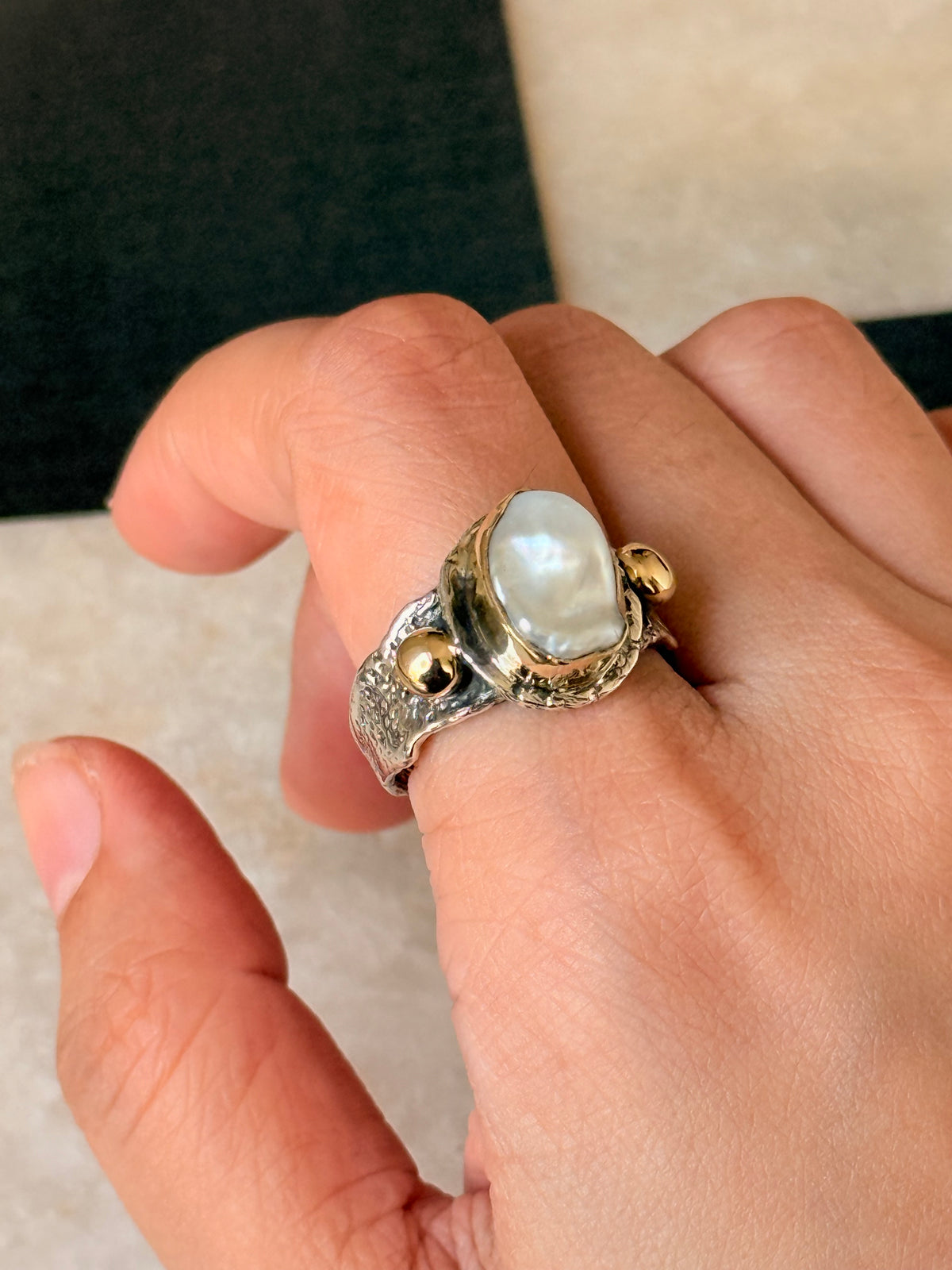 925 Sterling Silver Baroque Pearl Rustic Fusion Handcrafted Ring
