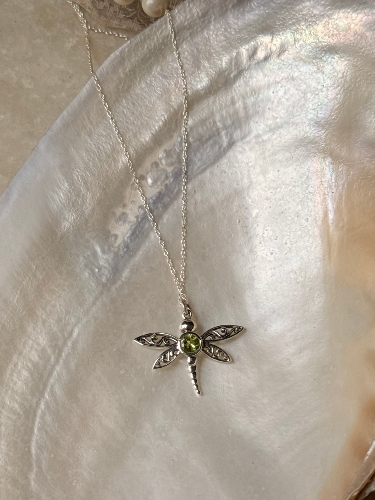 925 Sterling Silver Peridot Dragonfly Dainty Cable Chain Necklace