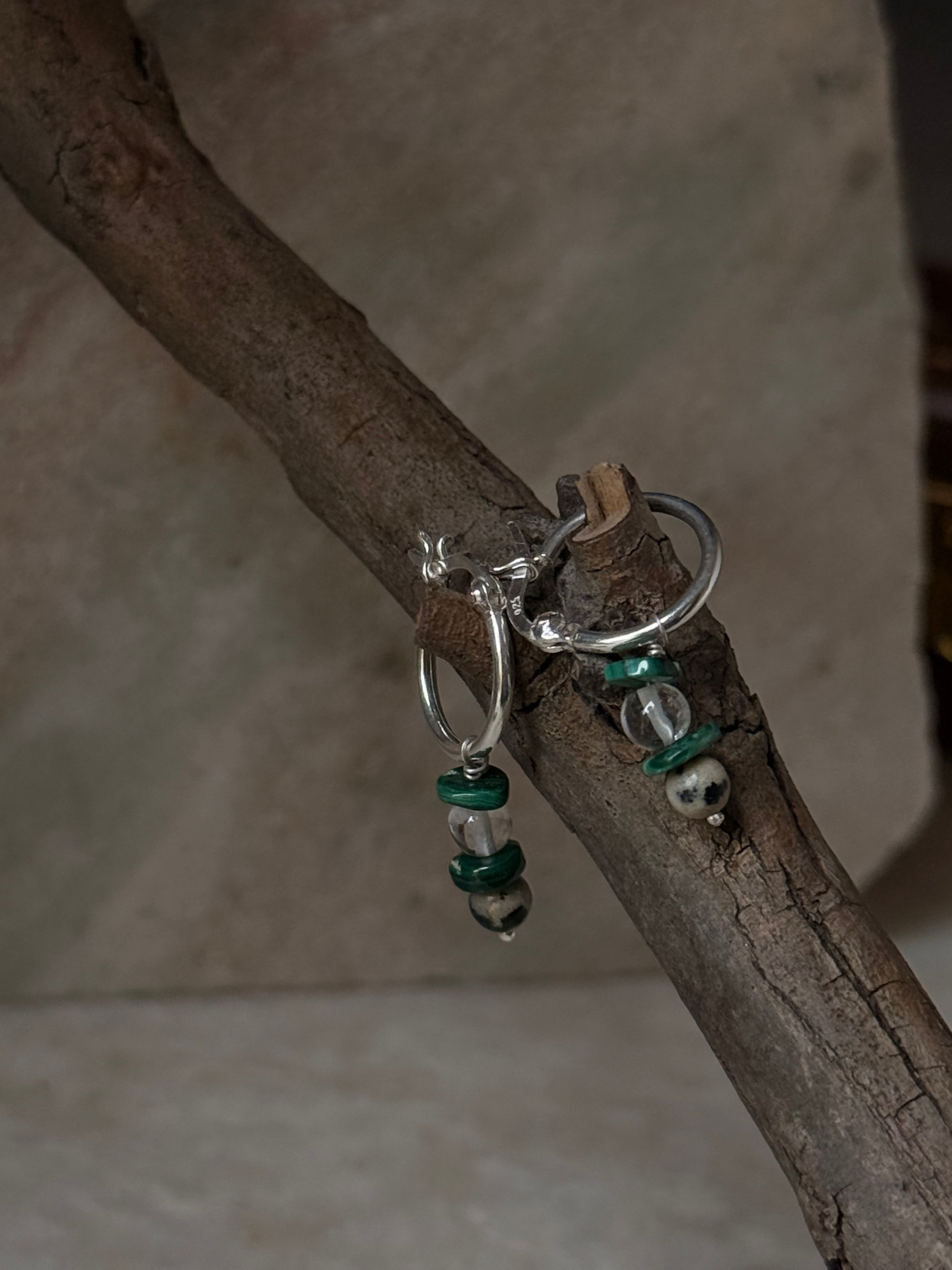 925 Sterling Silver Malachite, Quartz, Dalmation Hoops