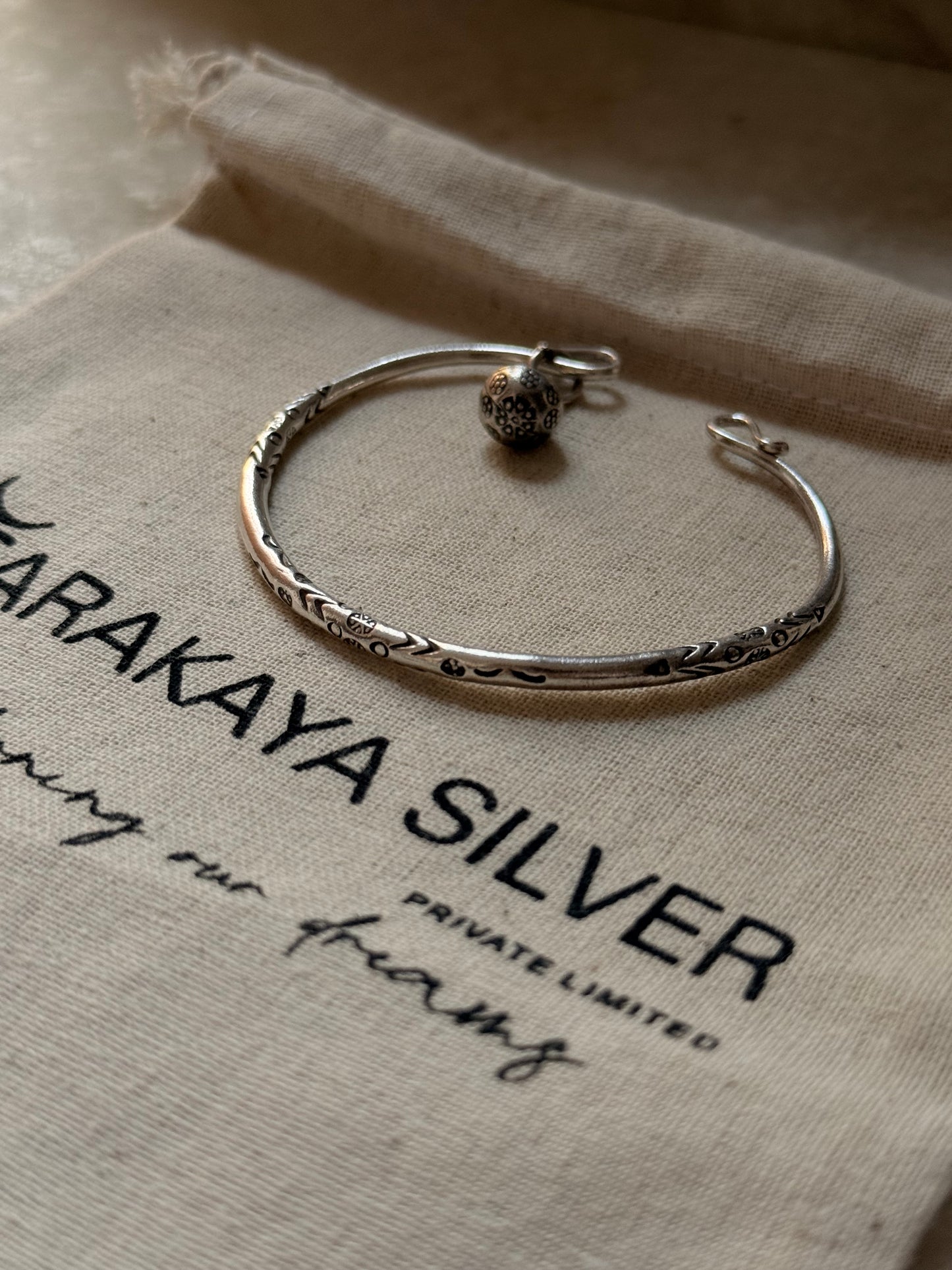 925 Sterling Silver Antique Hill Tribe Handcrafted Adjustable Kada With Hanging Charm