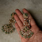 925 Sterling Silver Gold Plated Antique Moissanite Polki Green Onyx , Fresh Water Pearls Statement Earrings