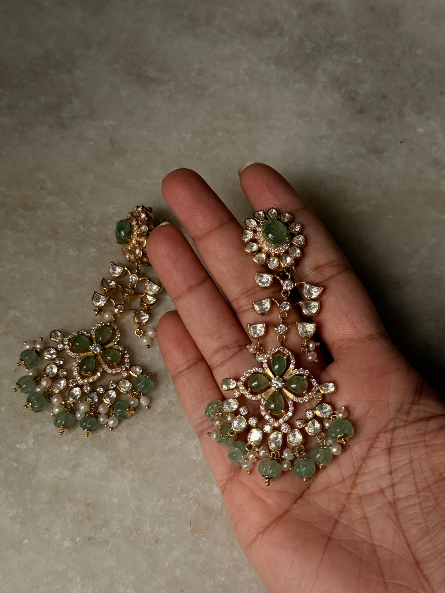 925 Sterling Silver Gold Plated Antique Moissanite Polki Green Onyx , Fresh Water Pearls Statement Earrings