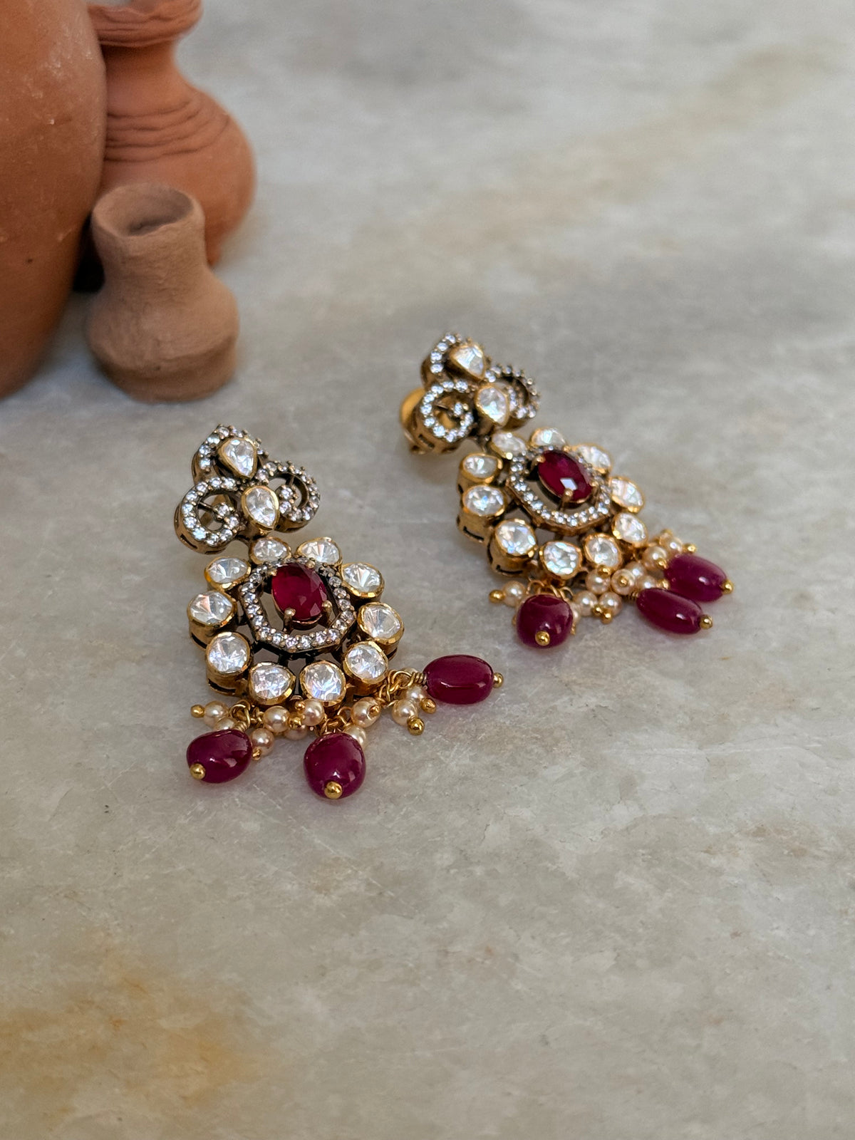 925 Sterling Silver Moissanite Polki,Dyed Ruby ,Cz & Fresh Water Pearls Gold Plated Statement Earrings