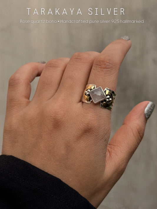 925 Sterling Silver Rose Quartz Square Dual Tone Rustic Ring