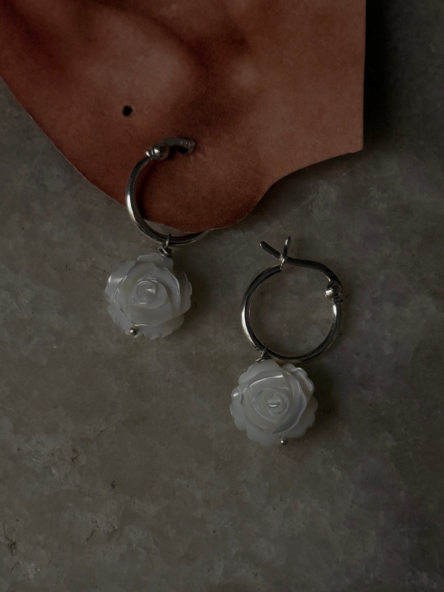 925 Sterling Silver Mother of Pearl Rose Carved Charm Italian Hoops