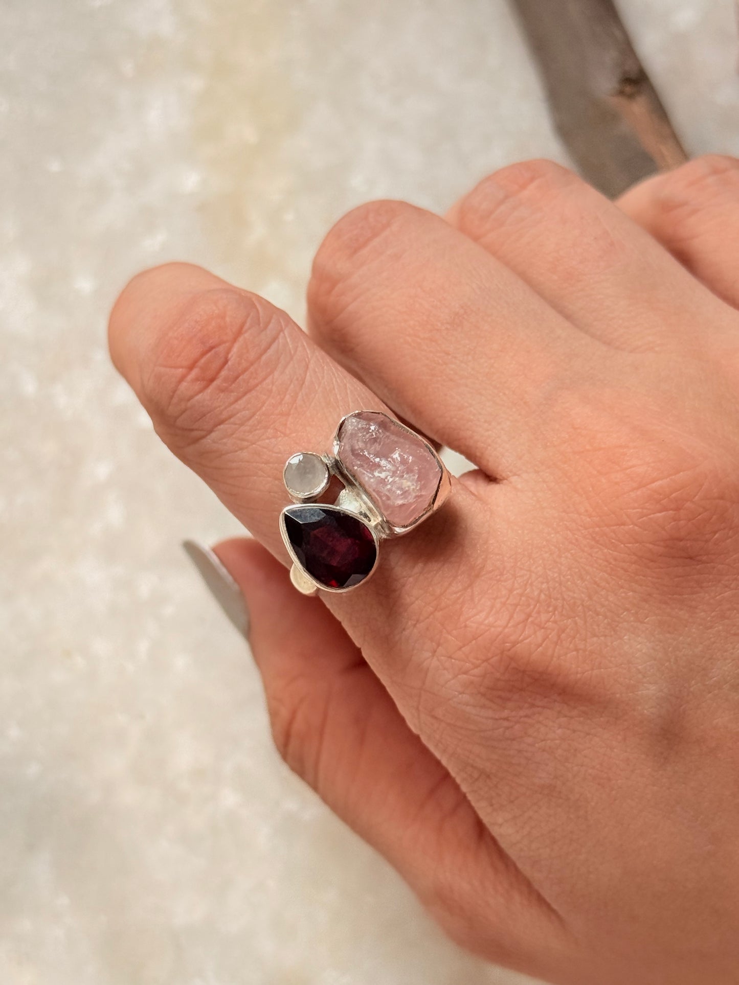 925 Sterling Silver Garnet, Moonstone and Rose Quartz Cluster One of a Kind Ring